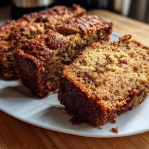 Close-up of three moist slices of zucchini bread on a white plate, showcasing the golden-brown crust and crumb.
