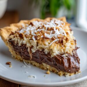 A delicious slice of no bake German chocolate pie topped with coconut and pecans.