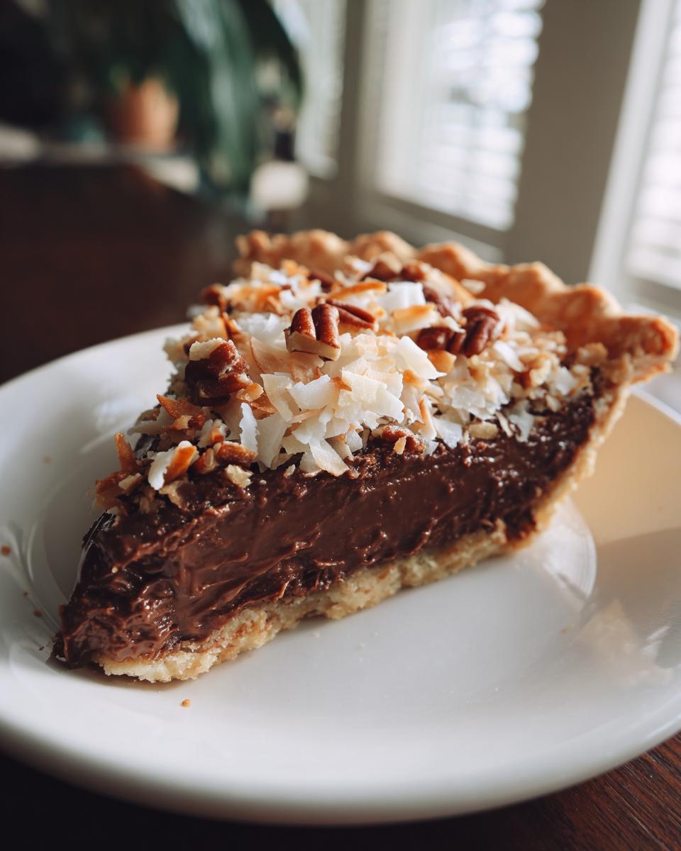 A slice of no bake German chocolate pie topped with coconut flakes and pecans.