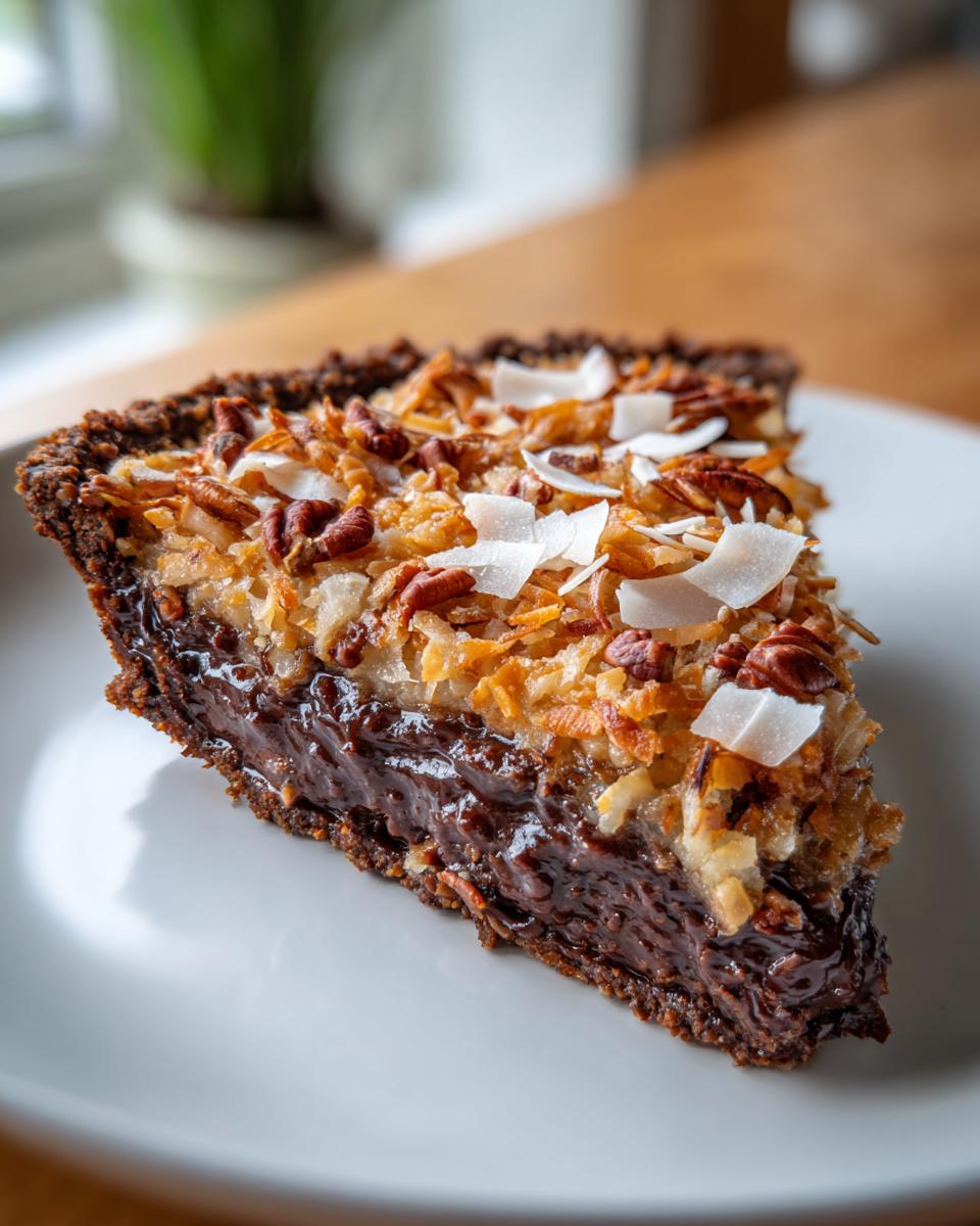 A delicious slice of no bake German chocolate pie with a rich chocolate filling and coconut-pecan topping.