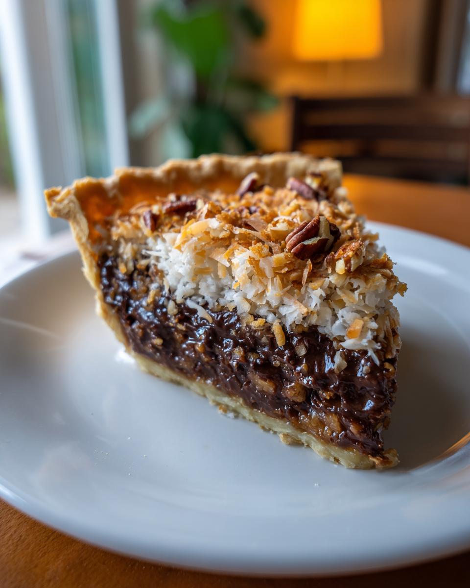 A delicious slice of no bake German chocolate pie, topped with coconut and pecans.