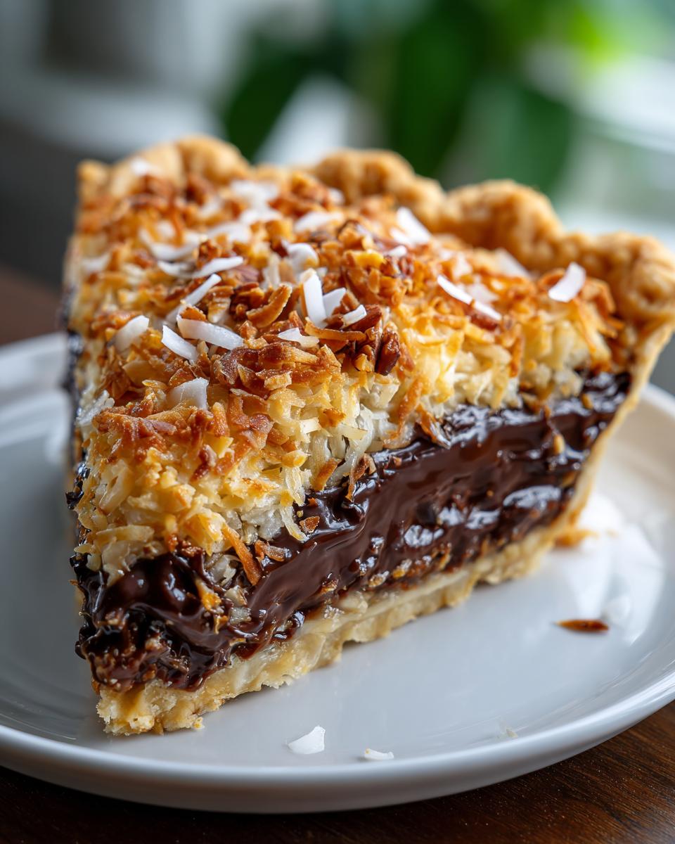 A close-up of a slice of no bake German chocolate pie, featuring a rich chocolate filling and a toasted coconut topping.