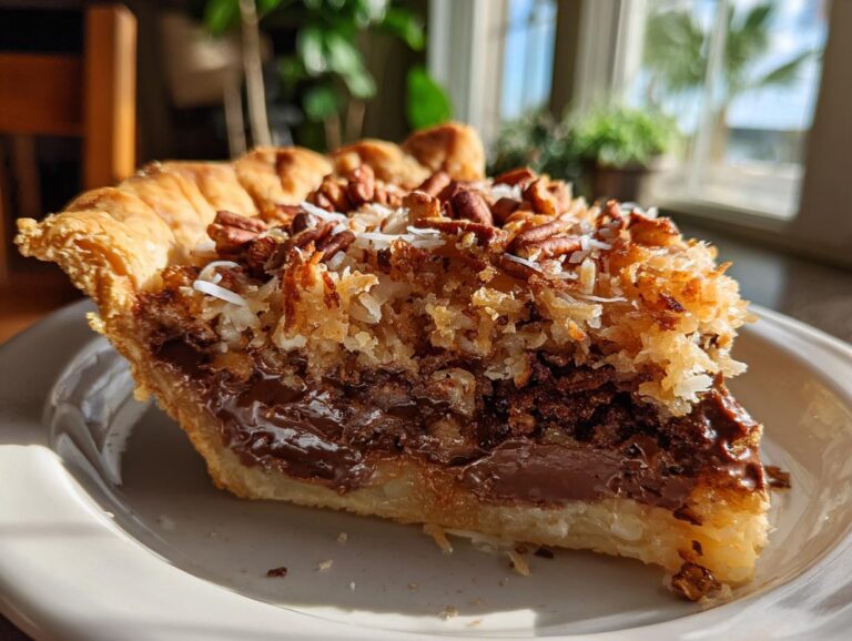A close-up of a slice of no bake German chocolate pie, featuring a flaky crust, rich chocolate filling, and a topping of toasted coconut and pecans.