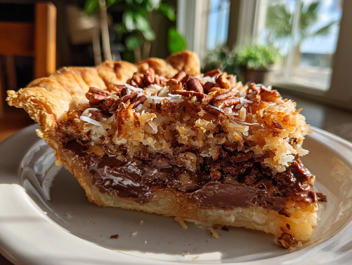 A close-up of a slice of no bake German chocolate pie, featuring a flaky crust, rich chocolate filling, and a topping of toasted coconut and pecans.