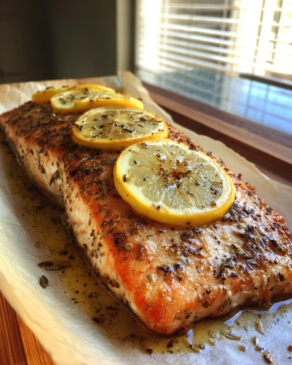 Close-up of a perfectly cooked oven baked salmon fillet topped with lemon slices and herbs.