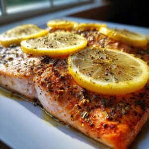 Close-up of perfectly cooked oven baked salmon fillets topped with lemon slices and herbs.