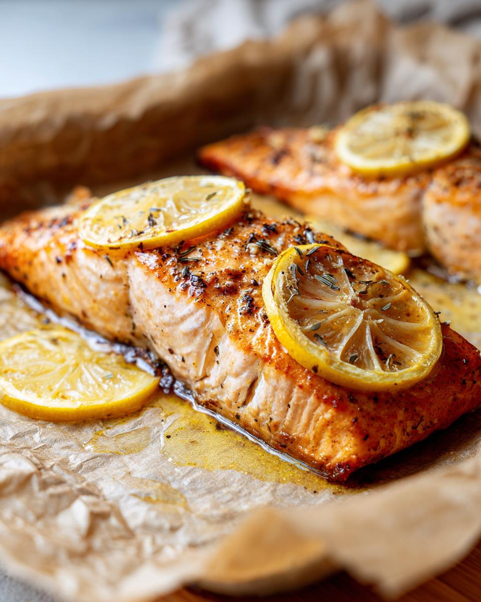 Close-up of a flaky, golden-brown oven baked salmon fillet topped with lemon slices and herbs.