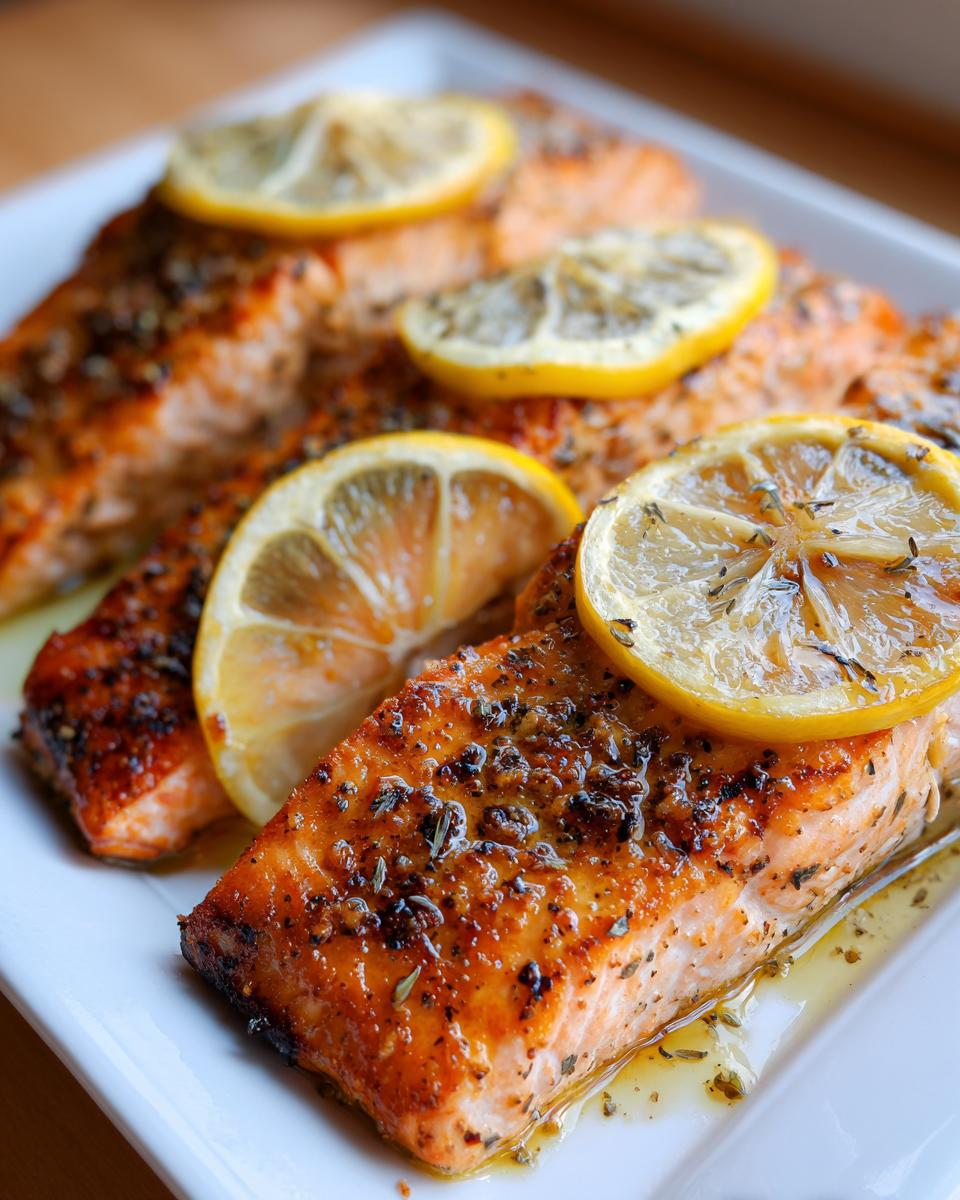 Close-up of perfectly cooked oven baked salmon fillets topped with lemon slices and herbs.