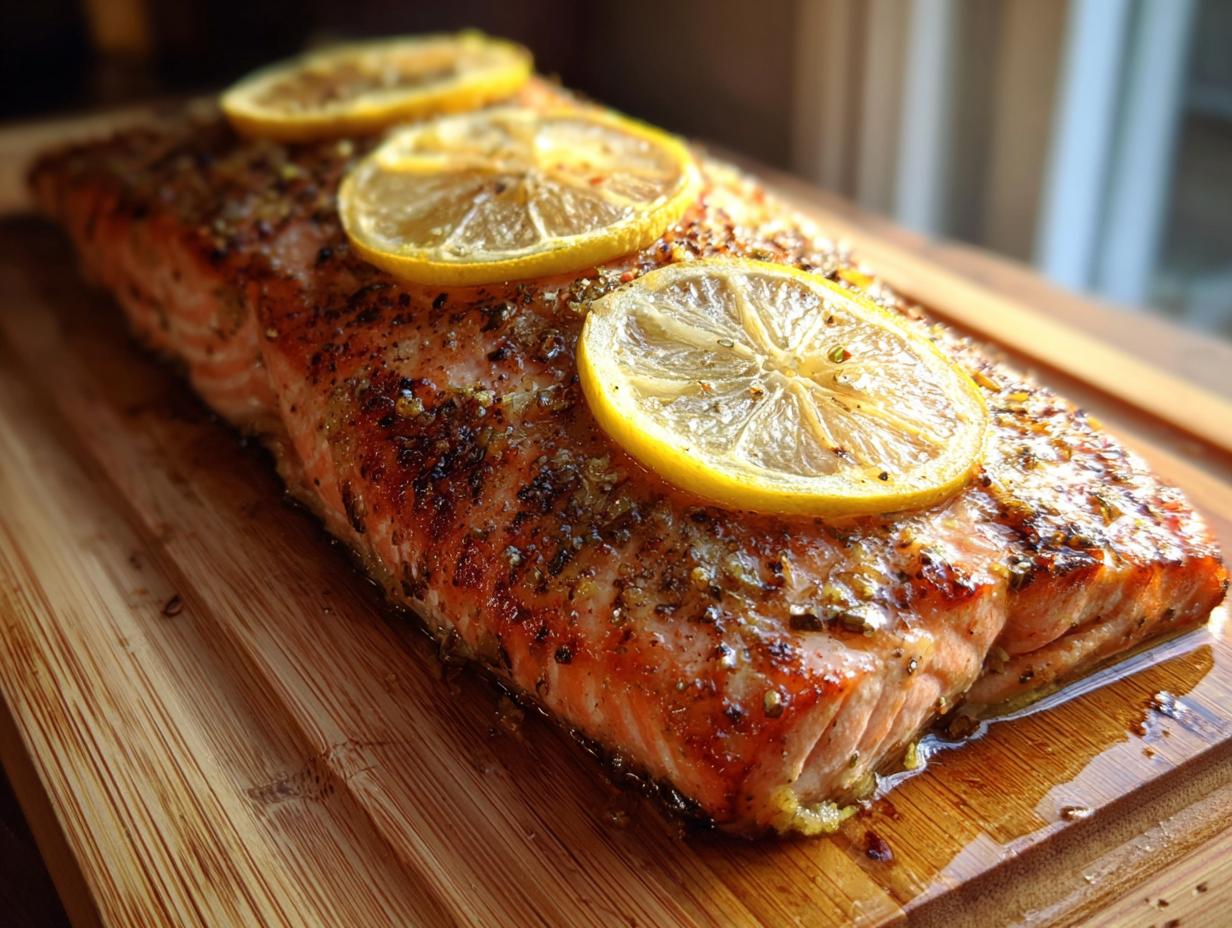 A close-up of a delicious oven baked salmon fillet topped with lemon slices and herbs.
