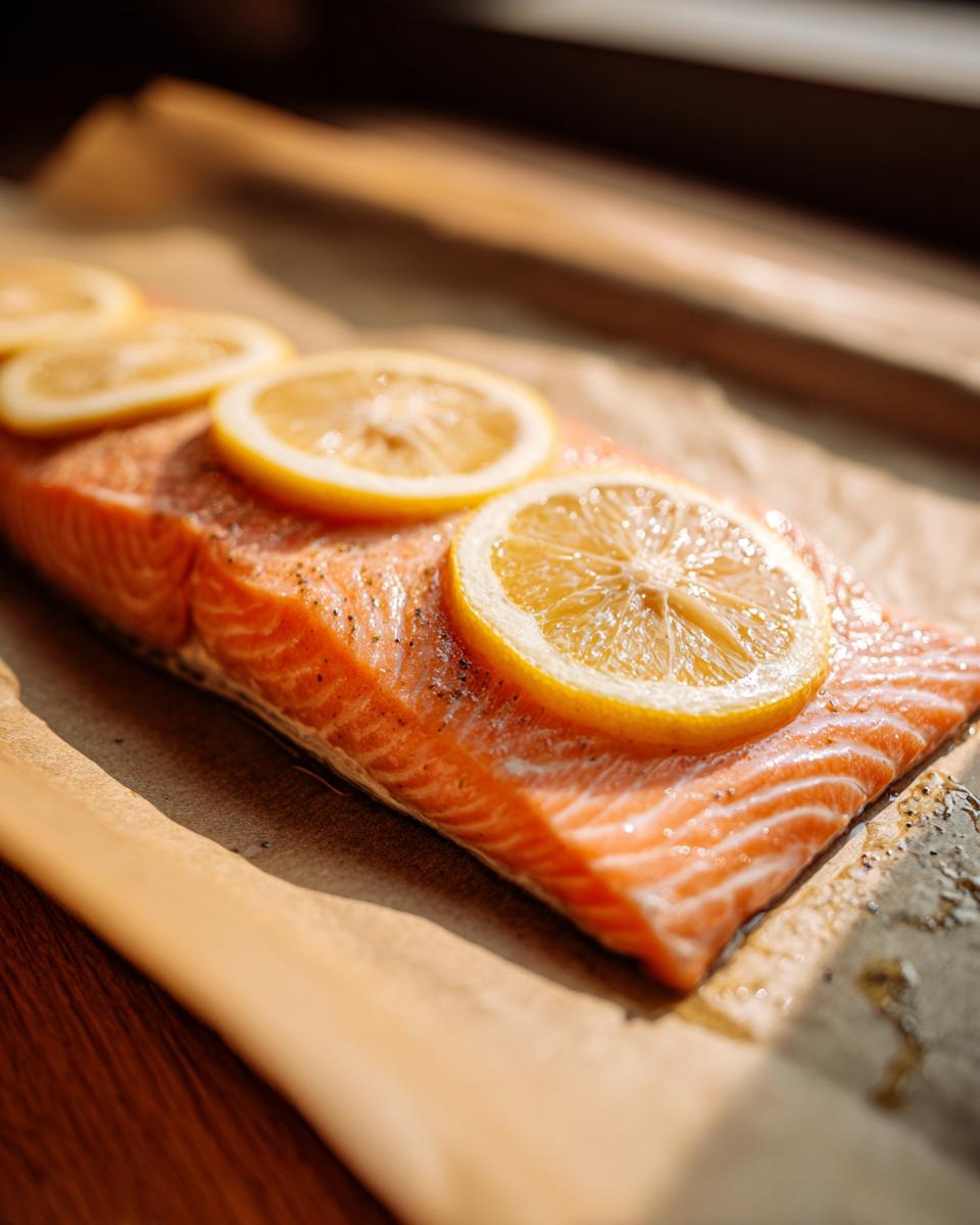 A close-up of a fresh salmon fillet seasoned with pepper and topped with lemon slices, ready for oven baking.