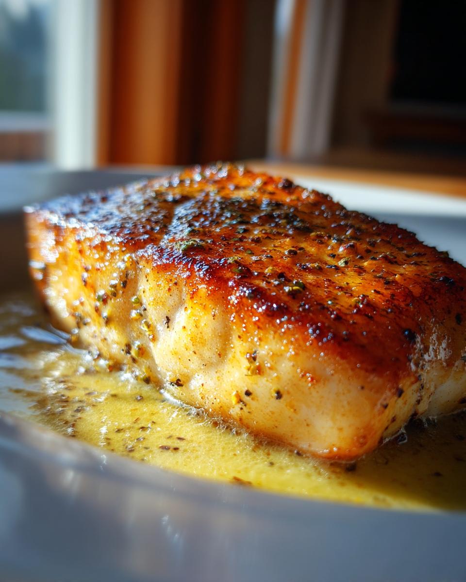 A close-up of a golden-brown pan seared halibut fillet resting in a pool of melted butter and herbs.