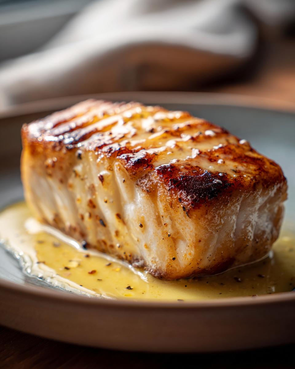 A close-up of a golden-brown pan seared halibut fillet resting in a pool of butter sauce on a plate.