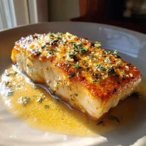 A close-up of a golden-brown pan seared halibut fillet topped with fresh thyme and garlic in a buttery sauce.