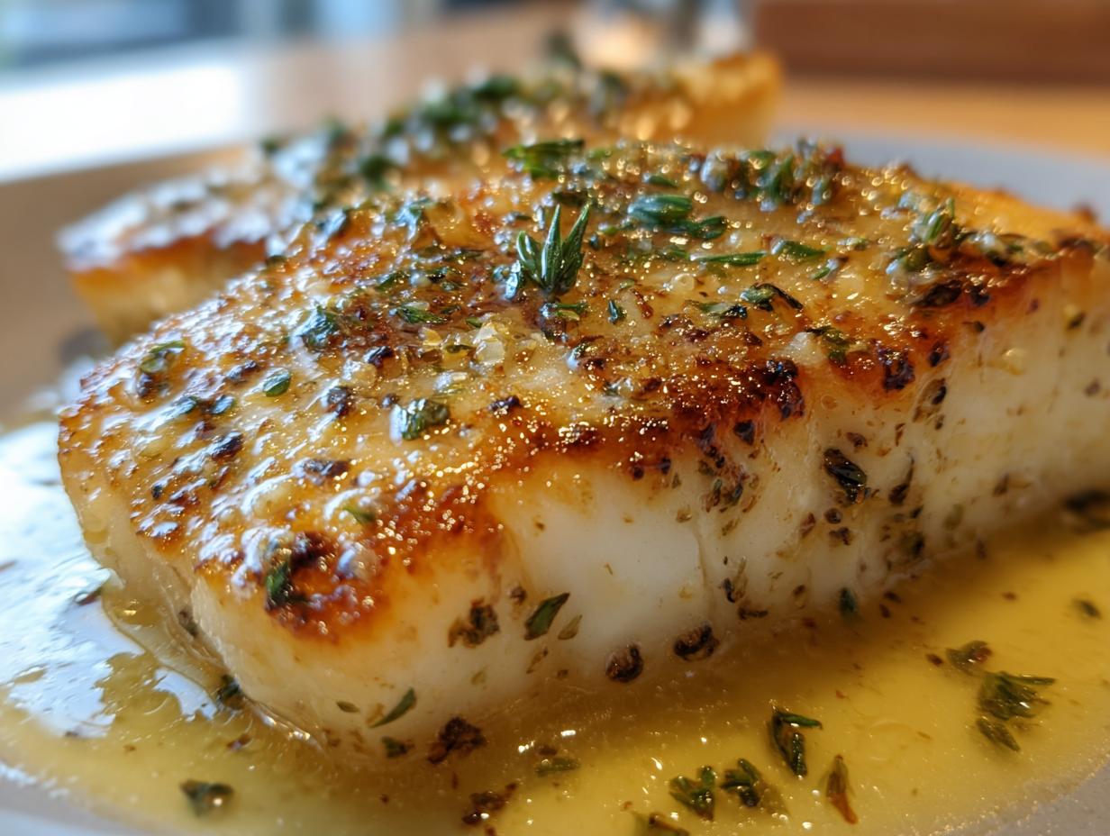 Close-up of a flaky pan seared halibut fillet seasoned with herbs and glistening in a buttery sauce.