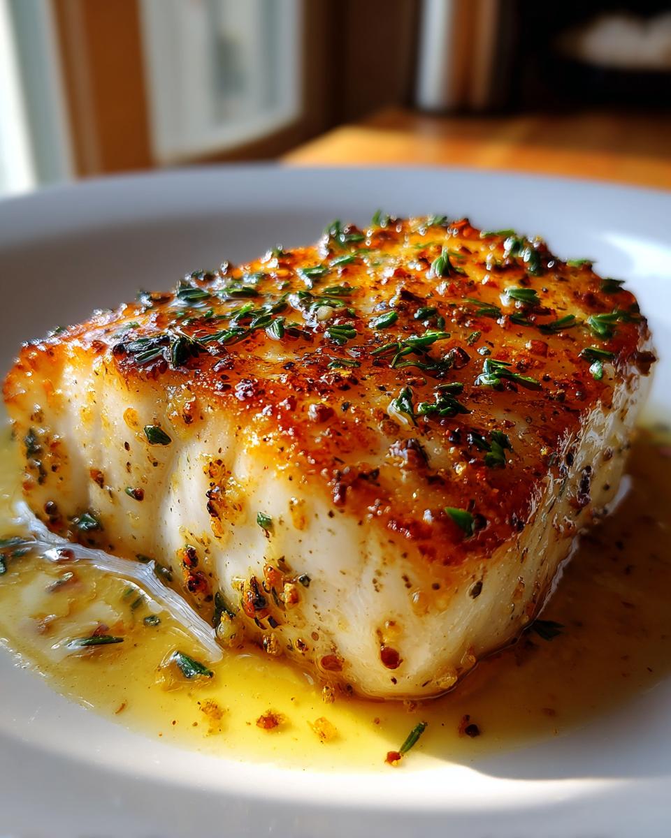 Close-up of a perfectly pan seared halibut fillet with a golden-brown crust, topped with herbs and served in a lemon butter sauce.