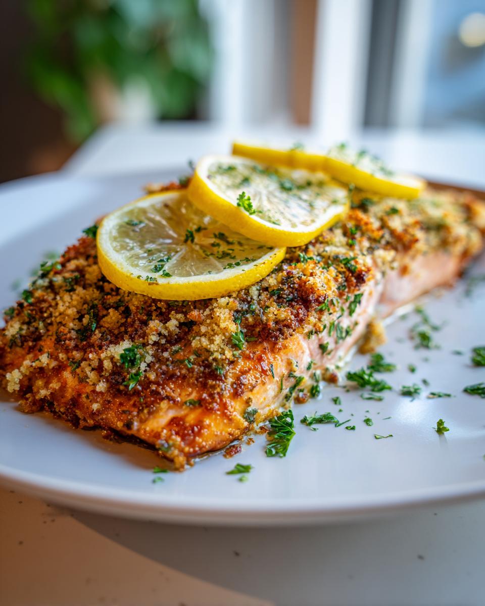 A close-up of a perfectly cooked parmesan crusted salmon fillet topped with lemon slices and parsley.