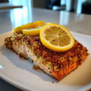 A perfectly cooked fillet of parmesan crusted salmon, topped with fresh lemon slices.