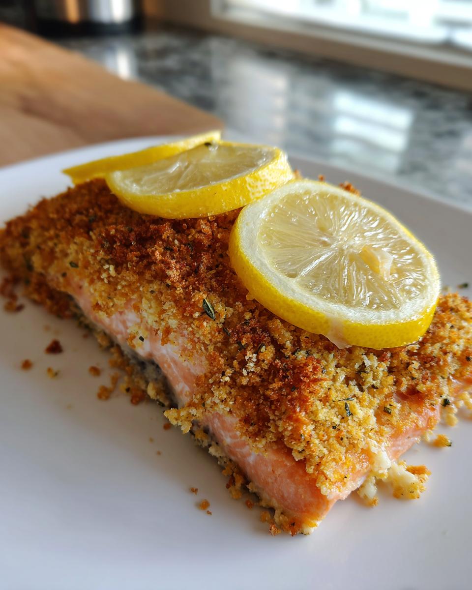 A close-up of a perfectly cooked parmesan crusted salmon fillet, topped with lemon slices.