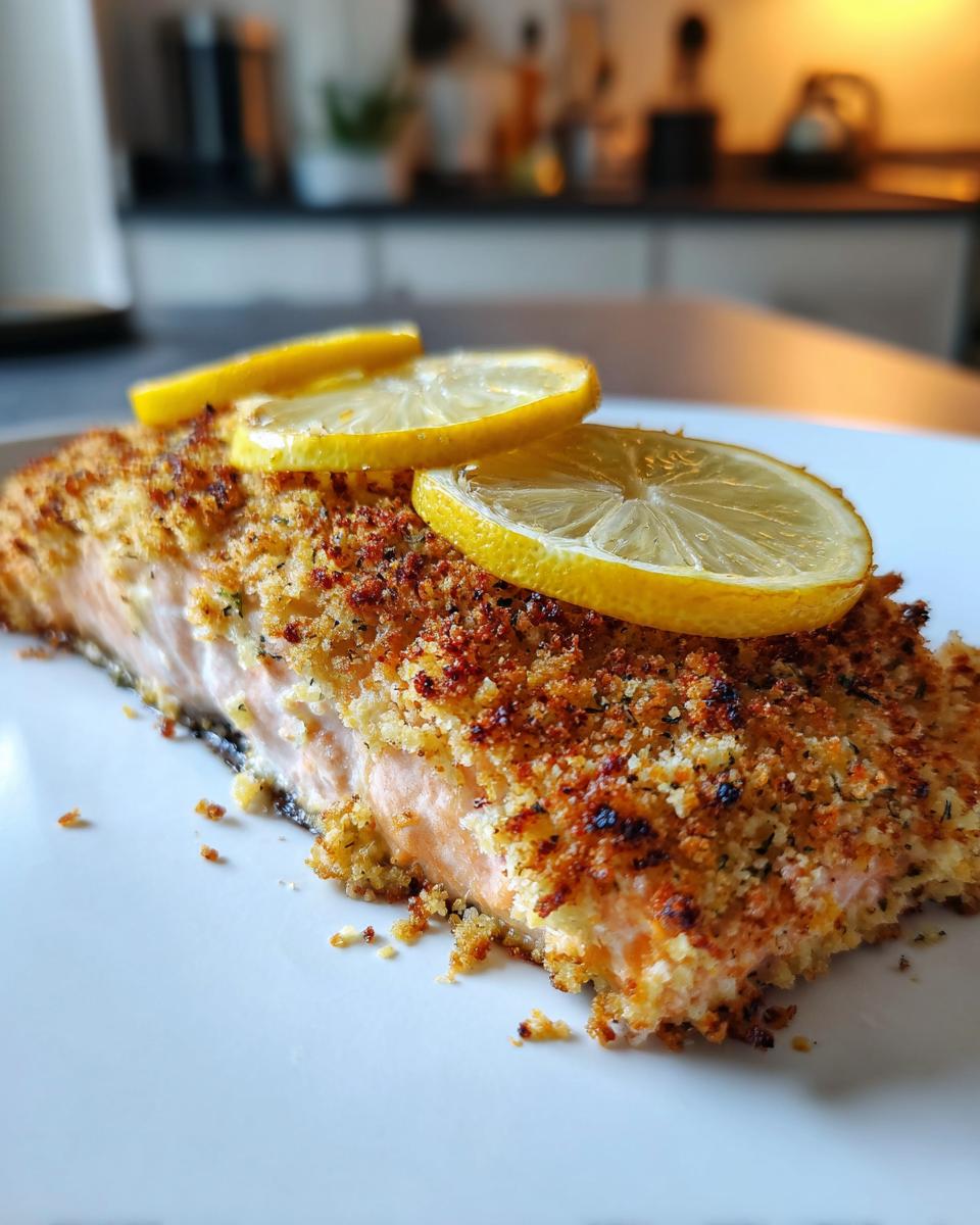 A close-up of a perfectly cooked parmesan crusted salmon fillet topped with lemon slices.