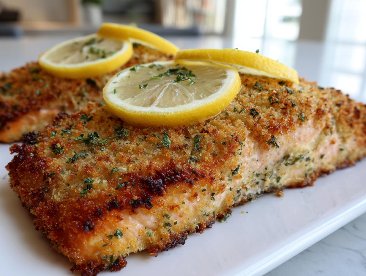 Close-up of two golden brown parmesan crusted salmon fillets topped with lemon slices and parsley.