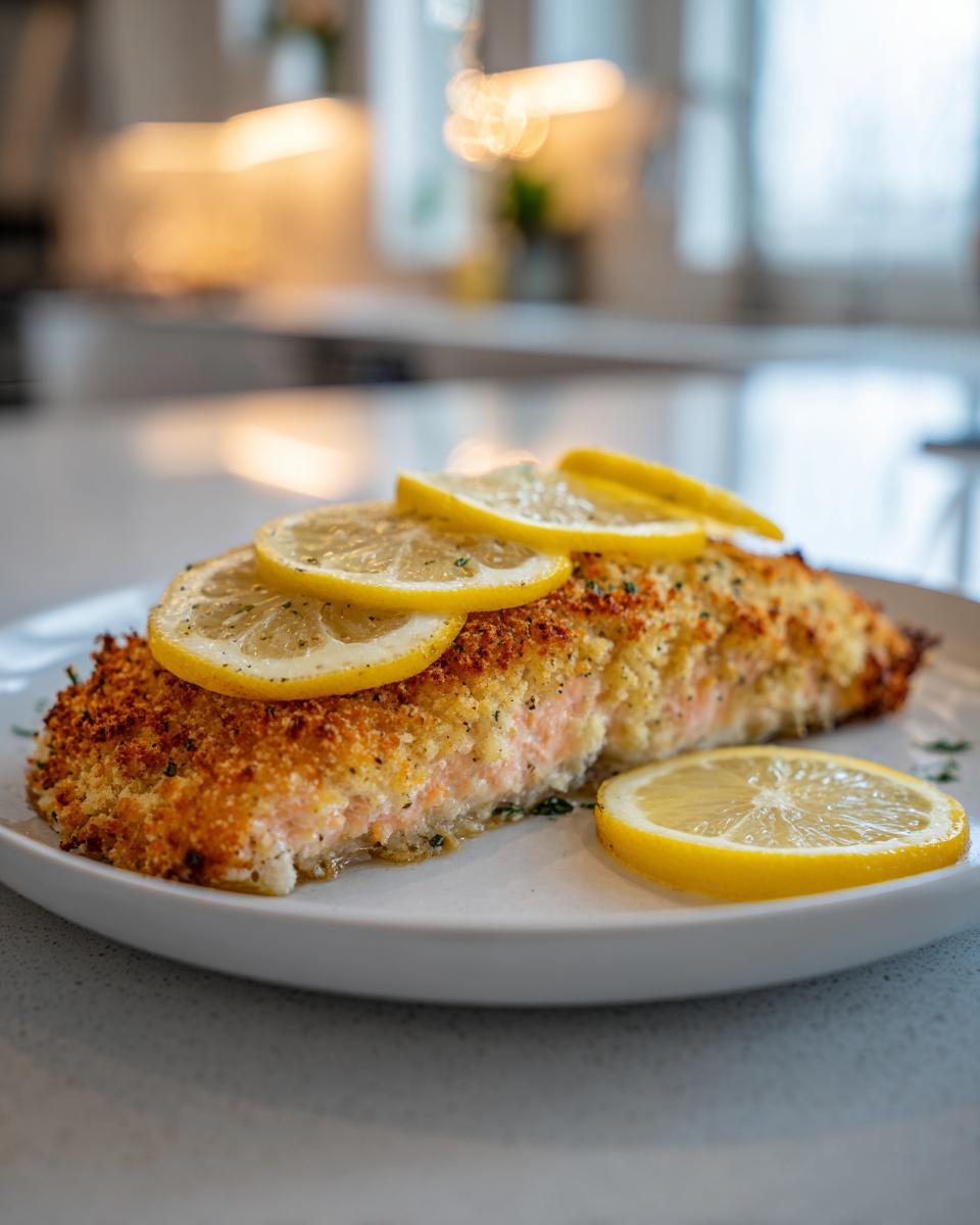 A close-up of a perfectly cooked parmesan crusted salmon fillet topped with fresh lemon slices.