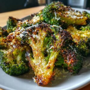 Close-up of crispy Parmesan roasted broccoli florets on a grey plate, showing golden-brown edges and grated Parmesan cheese.
