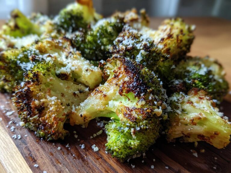 Close-up of crispy Parmesan roasted broccoli florets sprinkled with grated Parmesan cheese on a wooden board.