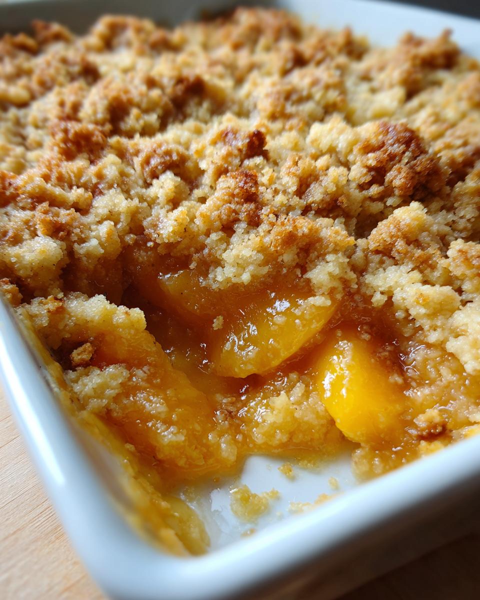 Close-up of a warm, gooey peach cobbler with a golden crumble topping in a white baking dish.