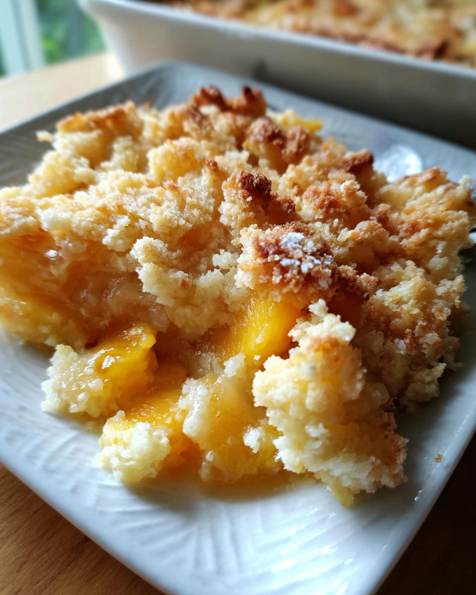 A close-up of a slice of gooey peach cobbler with a crumbly topping on a white plate.