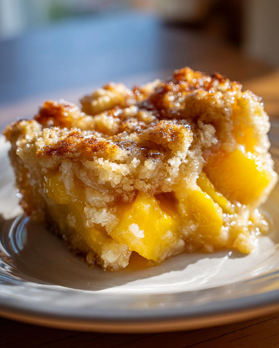 A close-up of a delicious slice of peach cobbler with a crumb topping and gooey peach filling.
