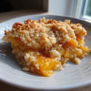 A close-up of a delicious slice of peach cobbler, showing the gooey fruit filling and crumbly topping.