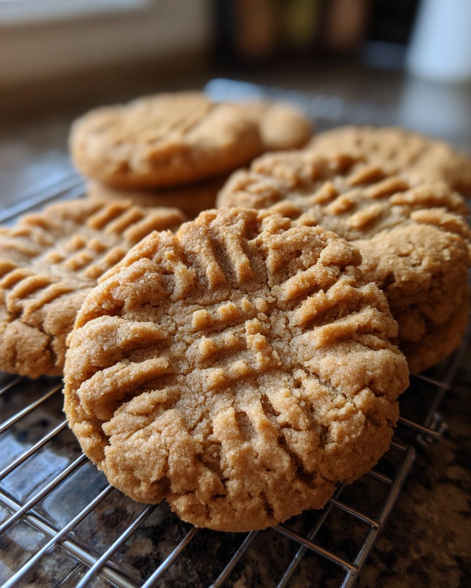 Close-up of freshly baked peanut butter cookies with classic fork marks on a cooling rack.