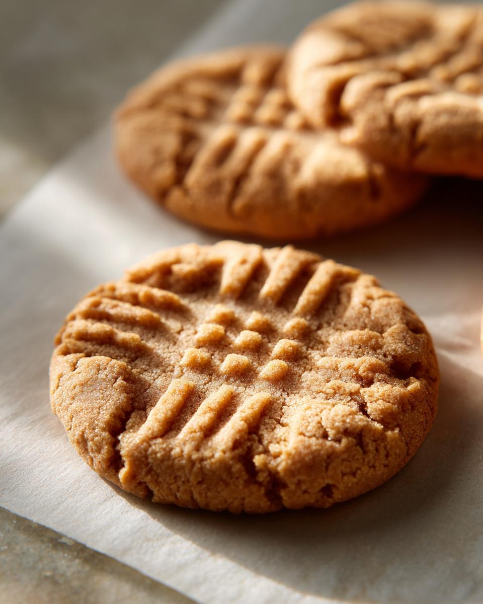 Close-up of a perfectly baked peanut butter cookie with classic fork marks.