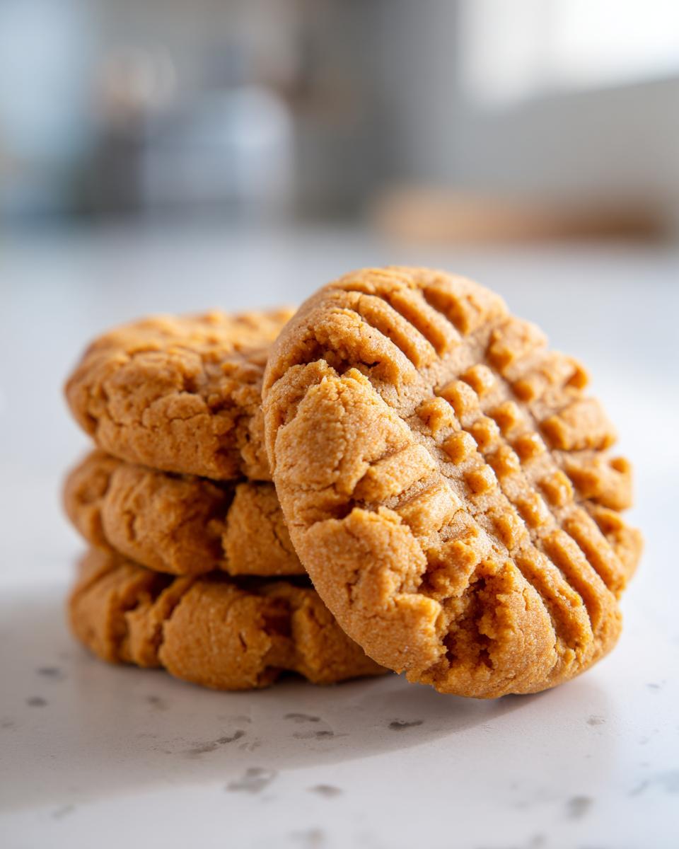A close-up of a stack of freshly baked peanut butter cookies with classic fork marks.