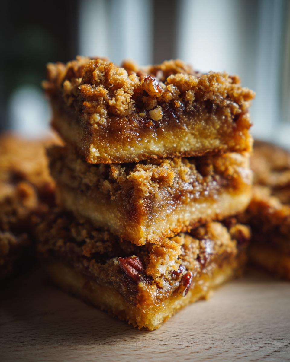 A stack of three delicious Pecan Pie Dump Cake bars, showcasing the gooey filling and crumbly topping.