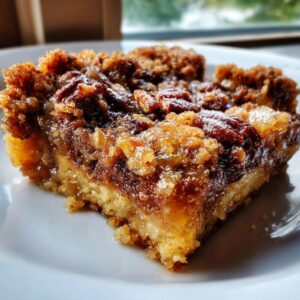 Close-up of a slice of Pecan Pie Dump Cake on a white plate, showing gooey filling and crunchy topping.