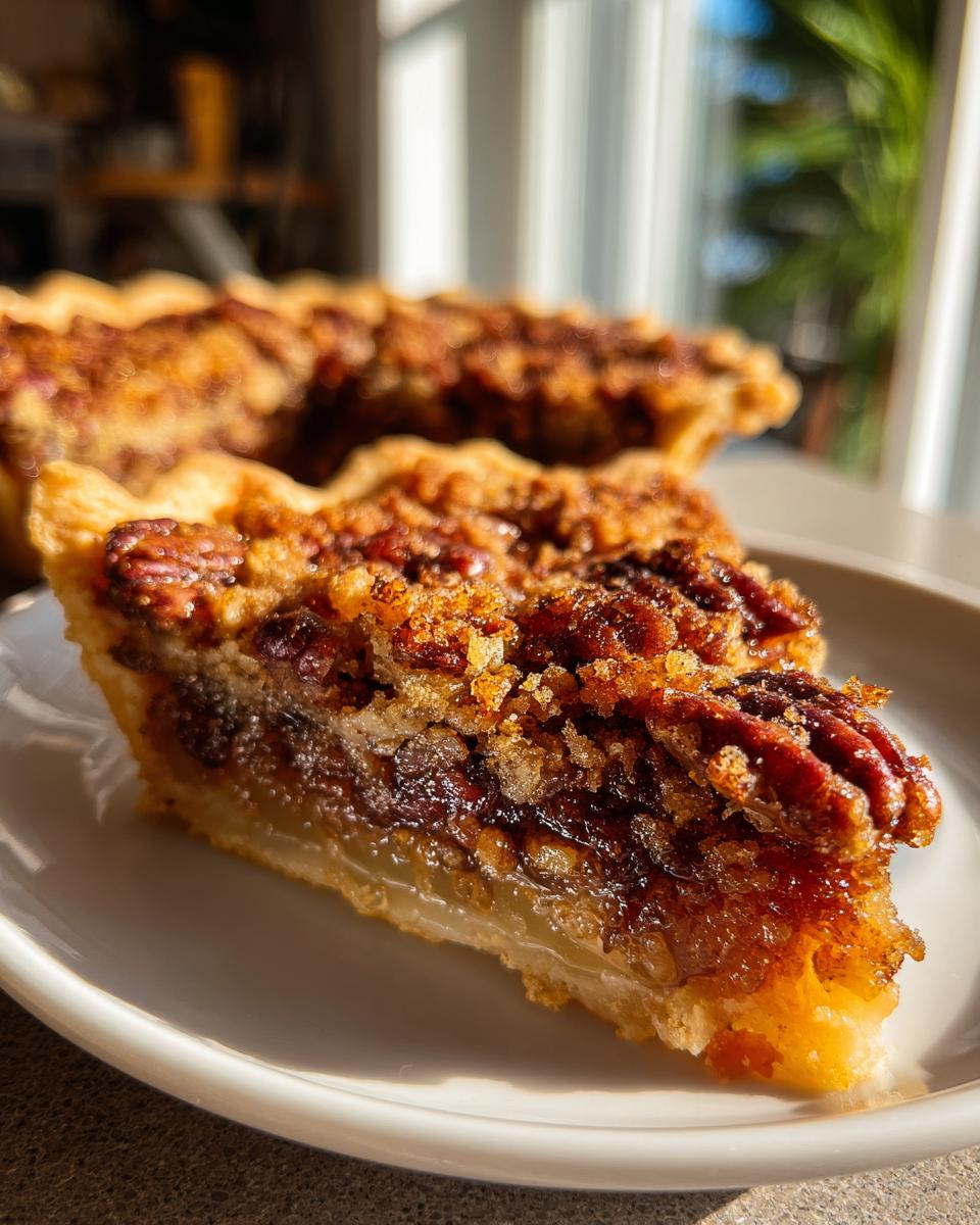 Close-up of a slice of Pecan Pie Dump Cake on a white plate, featuring a flaky crust and a rich pecan filling.