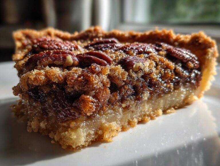 A close-up of a slice of Pecan Pie Dump Cake, showcasing the flaky crust, gooey filling, and whole pecans.