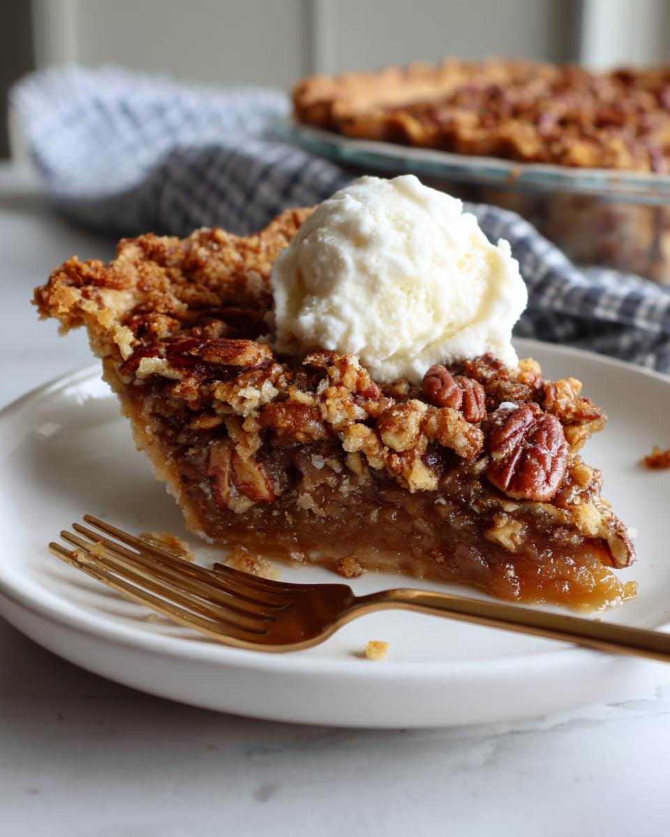 A delicious slice of Pecan Pie Dump Cake topped with a scoop of vanilla ice cream and a fork.