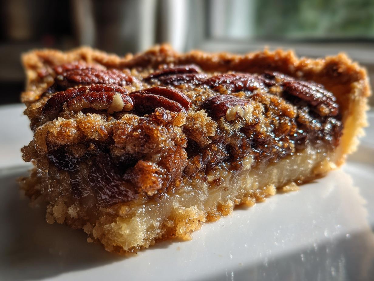 A close-up of a slice of Pecan Pie Dump Cake, showcasing the flaky crust, gooey filling, and whole pecans.