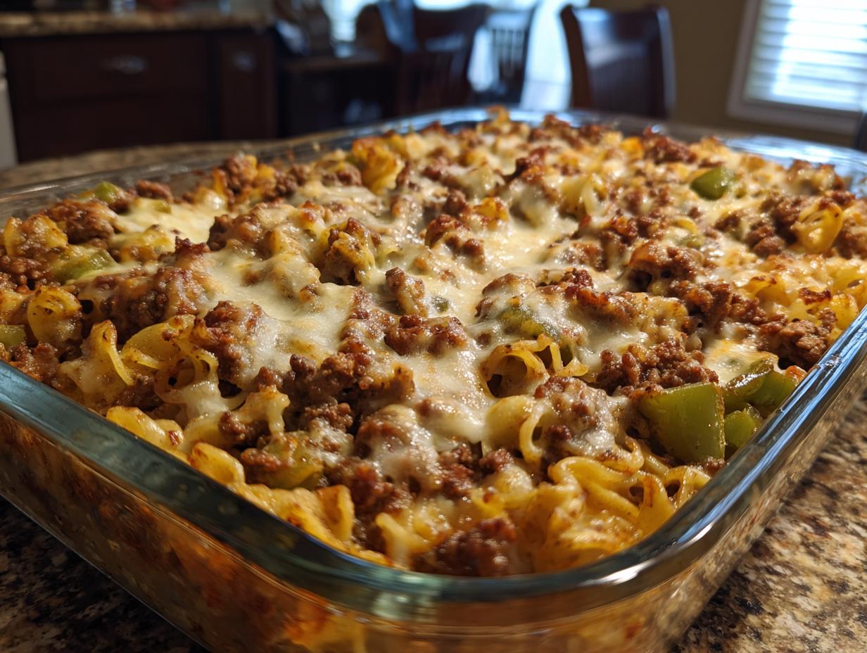 A close-up shot of a freshly baked Philly cheesesteak casserole in a glass baking dish, topped with melted cheese.