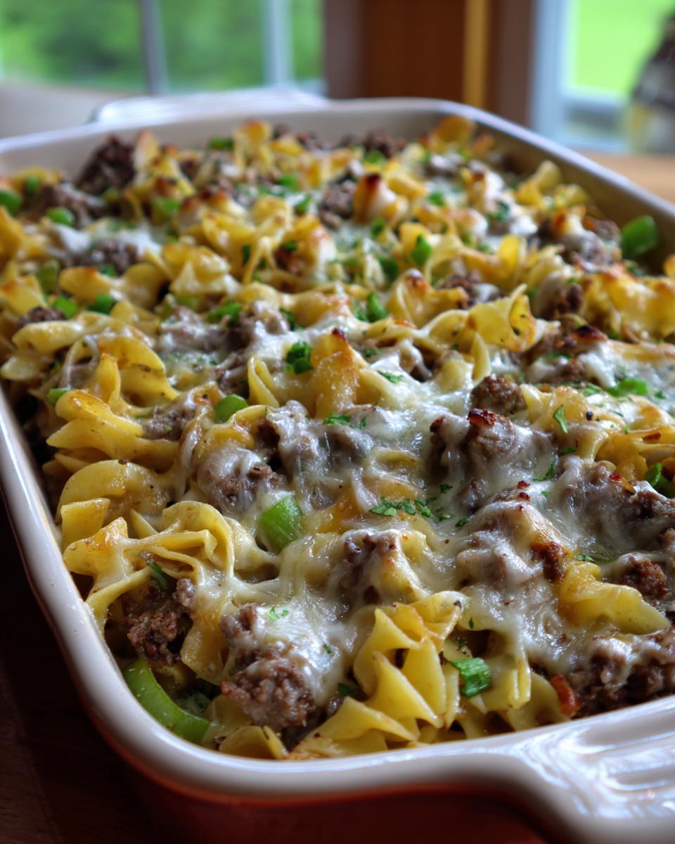 A close-up of a baked Philly cheesesteak casserole featuring wide egg noodles, seasoned ground beef, melted cheese, and green peppers.