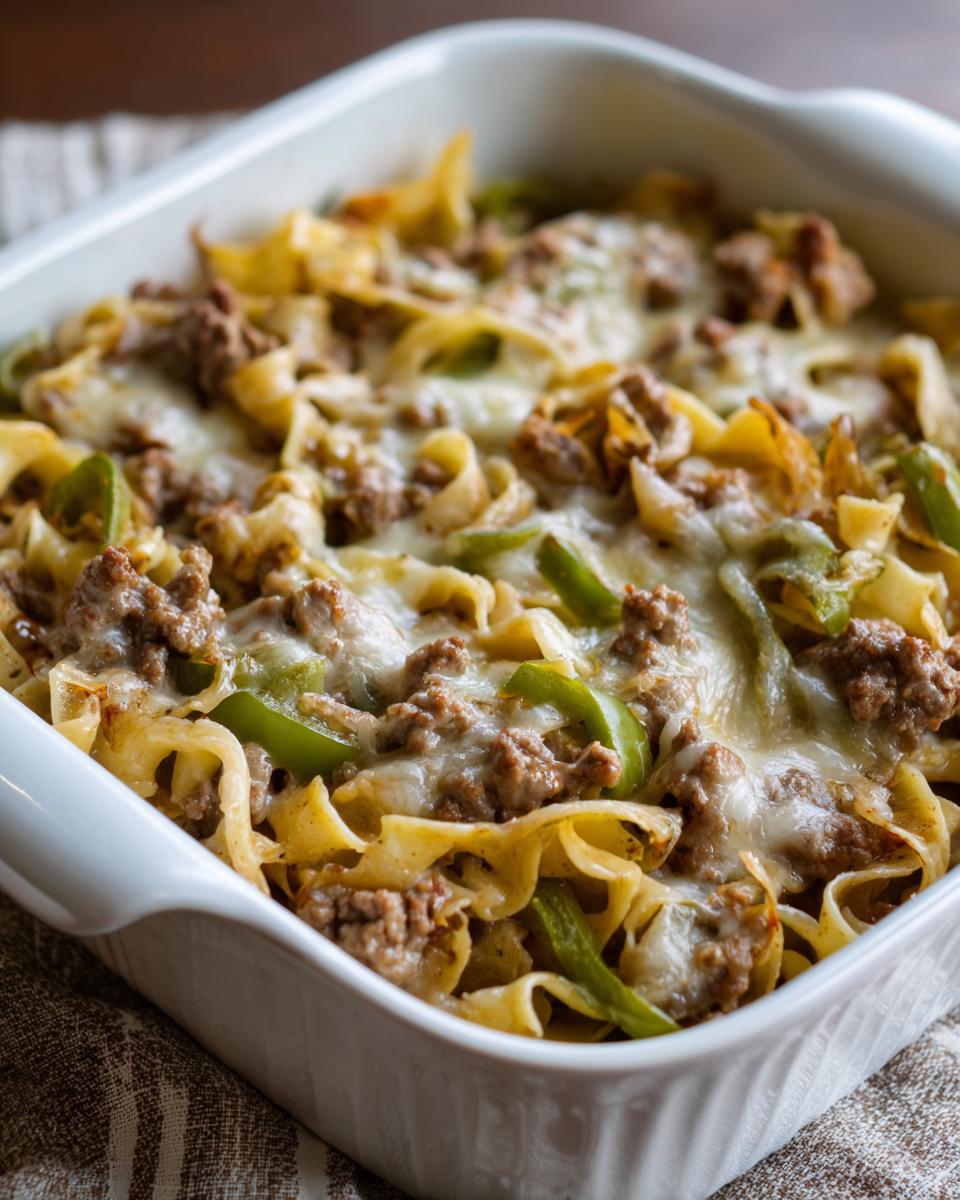 Close-up of a baked Philly cheesesteak casserole in a white dish, featuring noodles, ground beef, green peppers, and melted cheese.