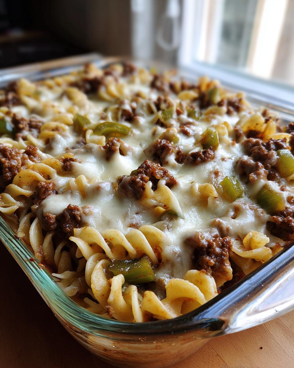 Close-up of a baked Philly cheesesteak casserole featuring rotini pasta, seasoned ground beef, green bell peppers, and melted cheese.