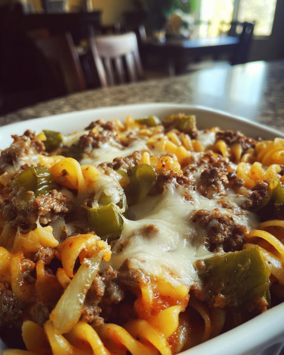 Close-up of a Philly cheesesteak casserole with rotini pasta, ground beef, green peppers, and melted cheese.