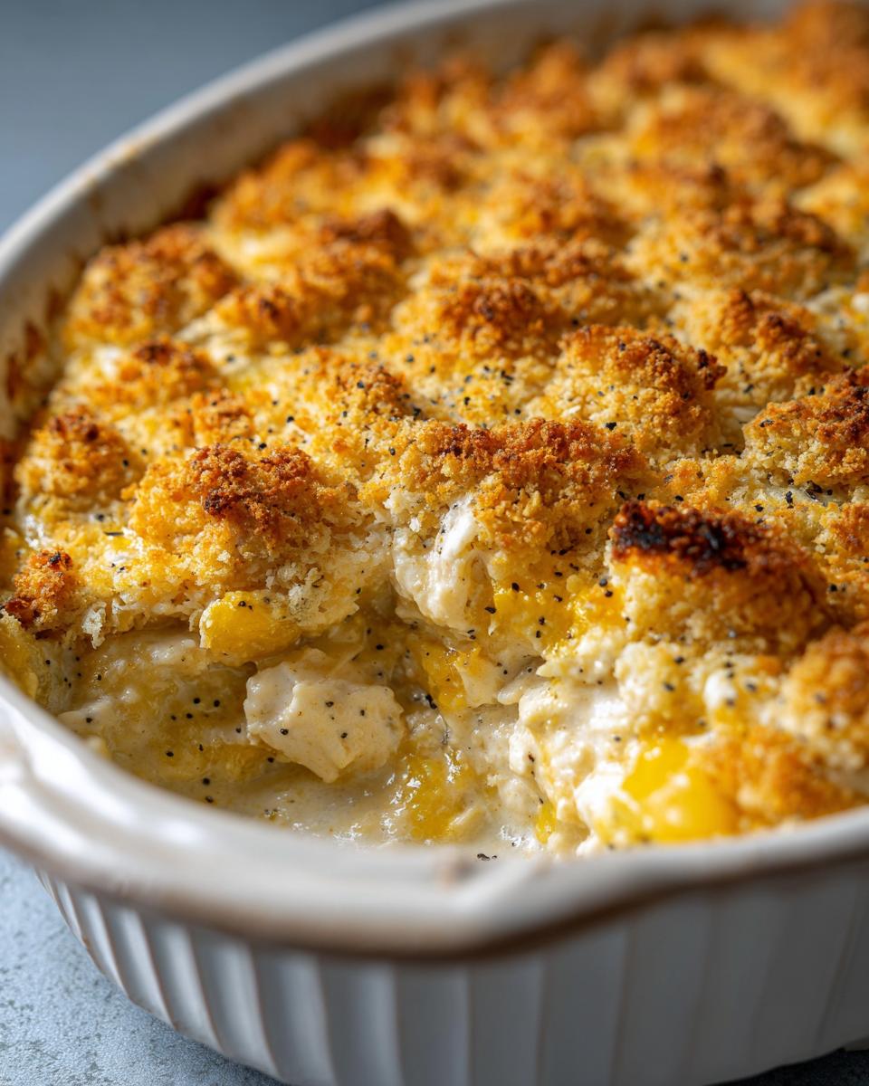 A close-up of a bubbling poppy seed chicken casserole with a golden brown, crispy topping.