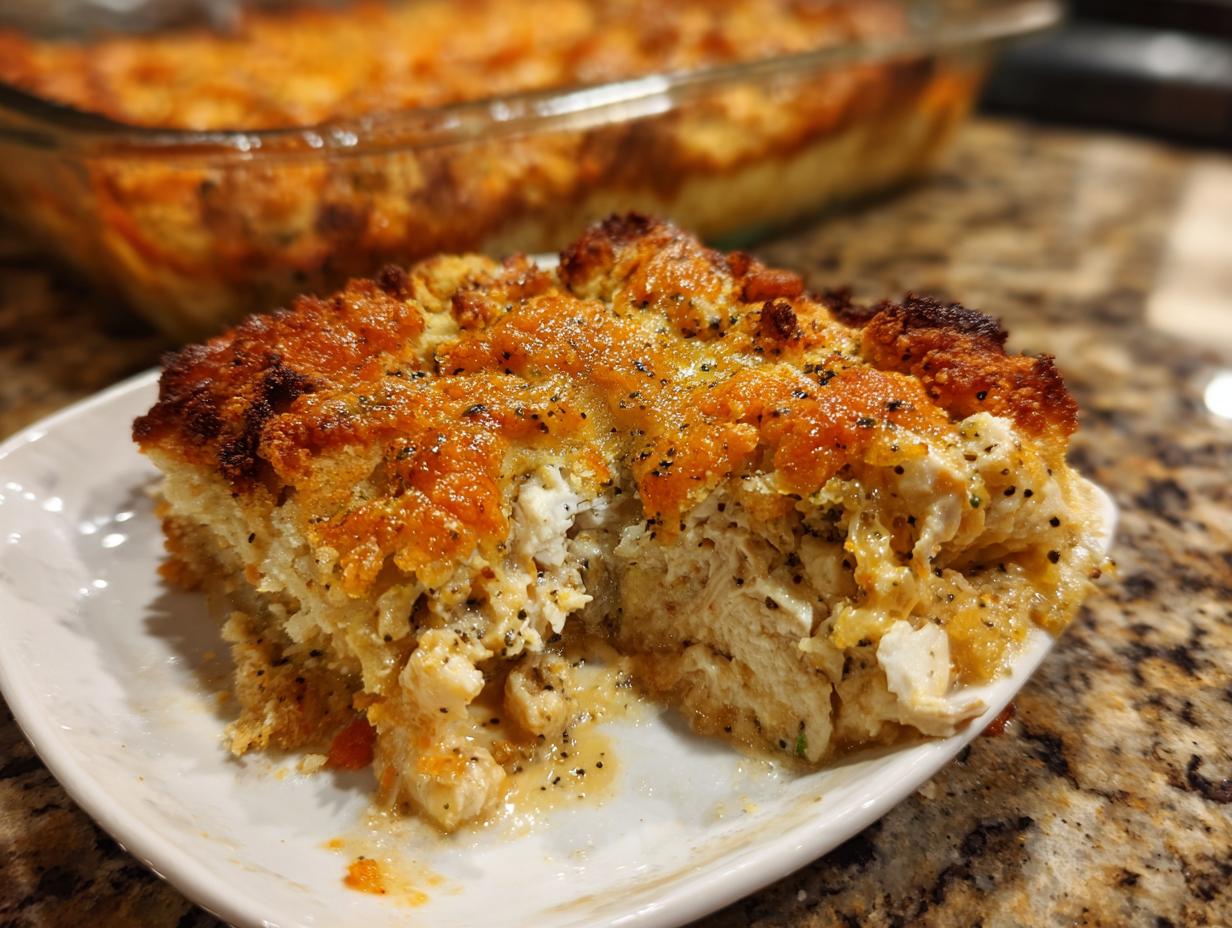 Close-up of a serving of poppy seed chicken casserole with a golden-brown crust and visible chicken and poppy seeds.