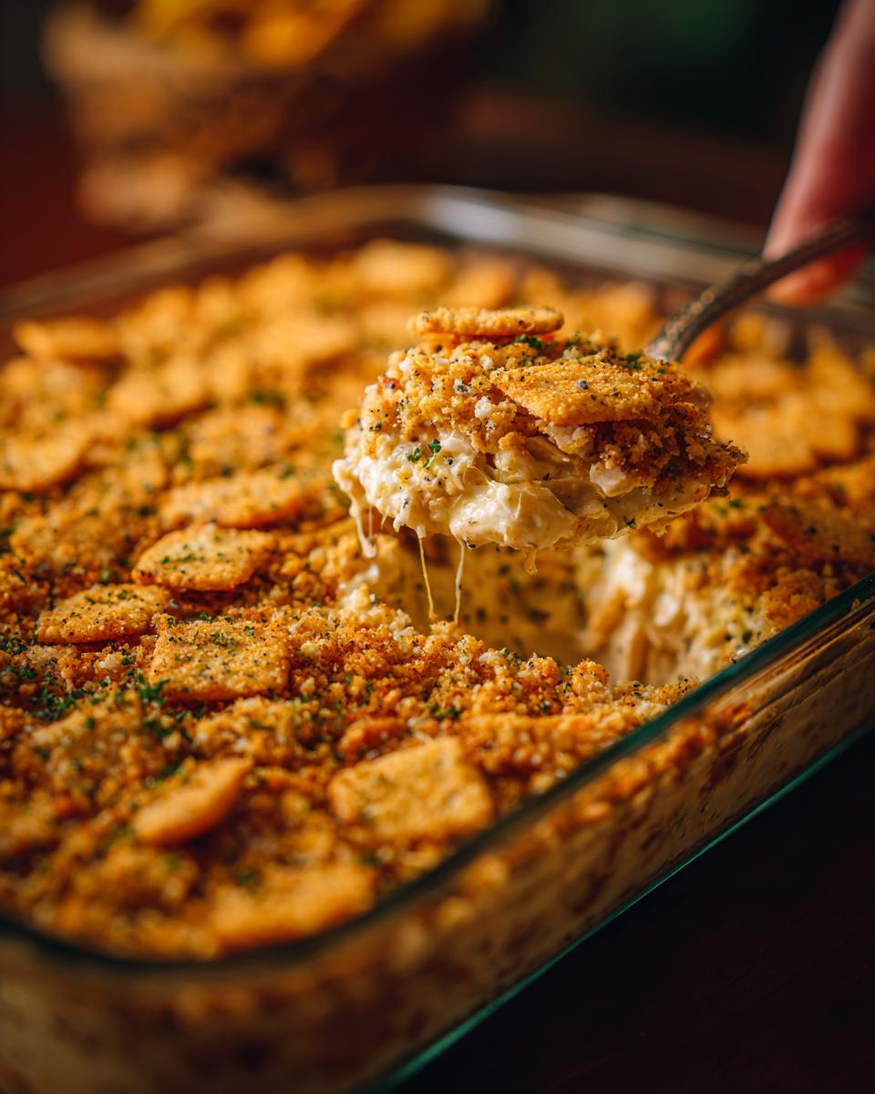 A spoonful of creamy poppy seed chicken casserole with a crunchy cracker and breadcrumb topping.