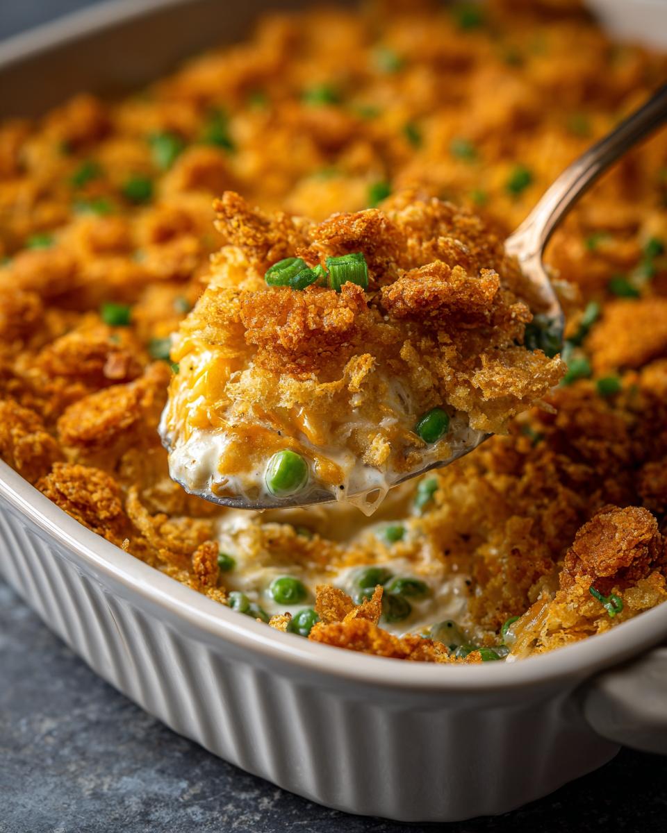 A spoonful of creamy poppy seed chicken casserole with peas and a crunchy topping, garnished with green onions.