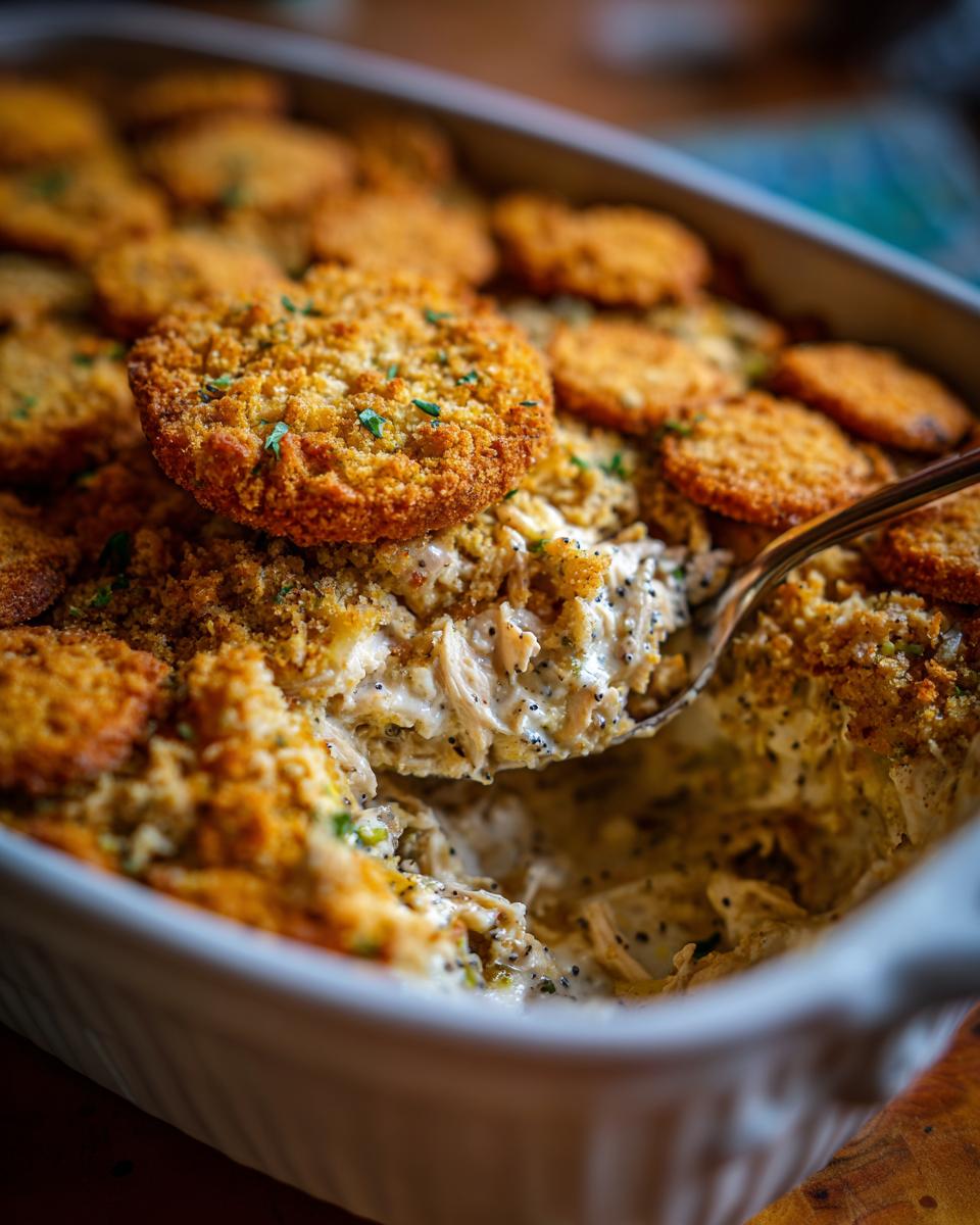 A spoonful of creamy poppy seed chicken casserole with a golden crumb topping being lifted from the baking dish.